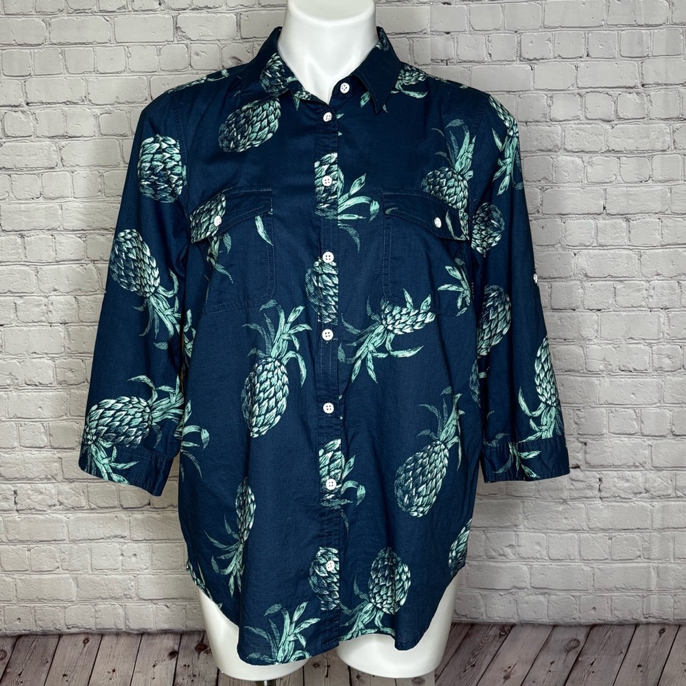 Sonoma Pineapple Print Women's Button Down Shirt - Dark Blue Size L